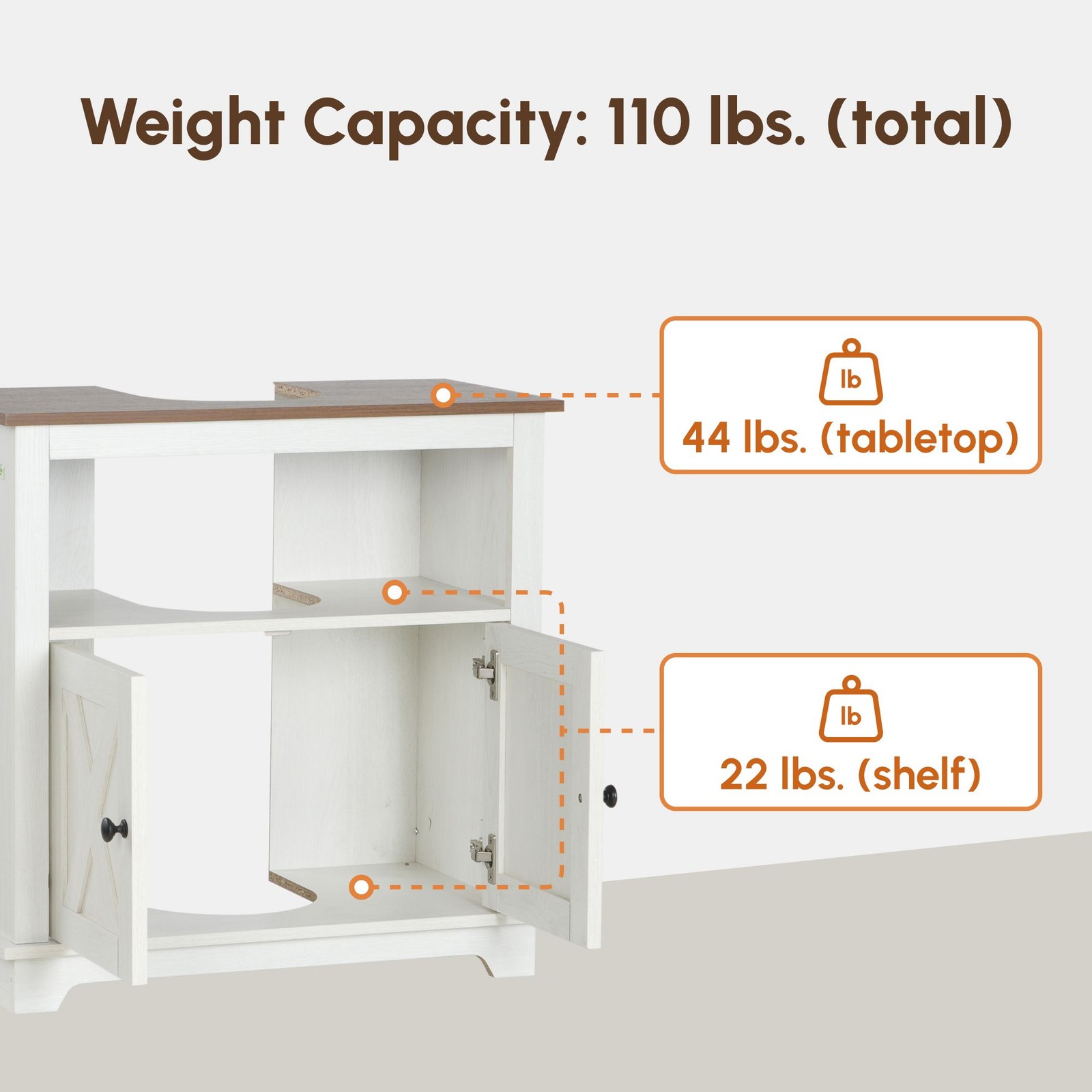 Farmhouse Decor Sink Cabinet with Two Doors and Shelf 23.5in Overall Height