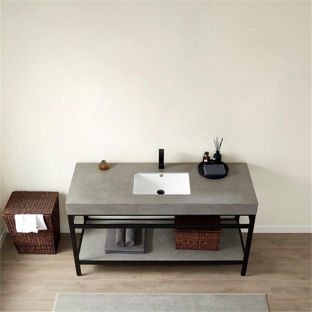 Funes 60″ Single Sink Bathroom Vanity in Matte Black Frame Gray Top No Mirror
