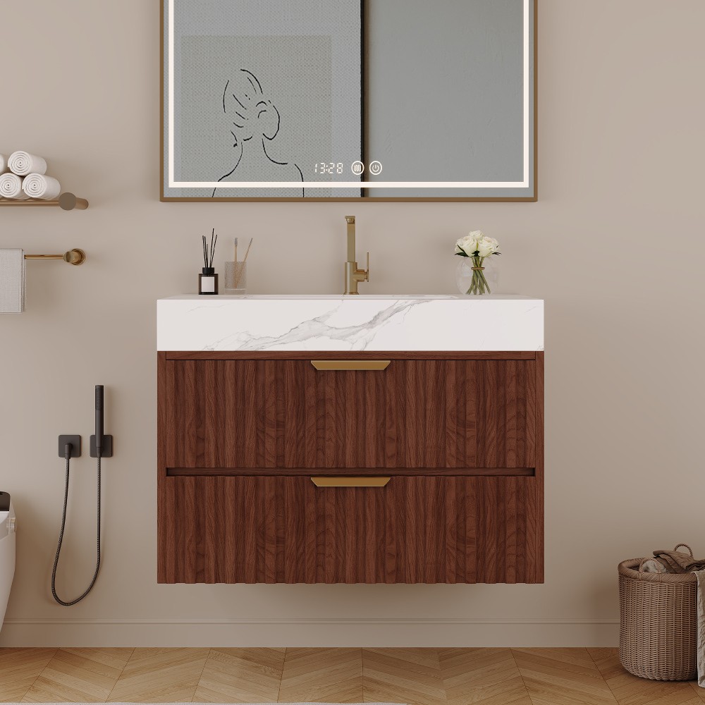 30″ Walnut Wall Mount Floating Bathroom Vanity Sintered Stone Top Ceramic Sink