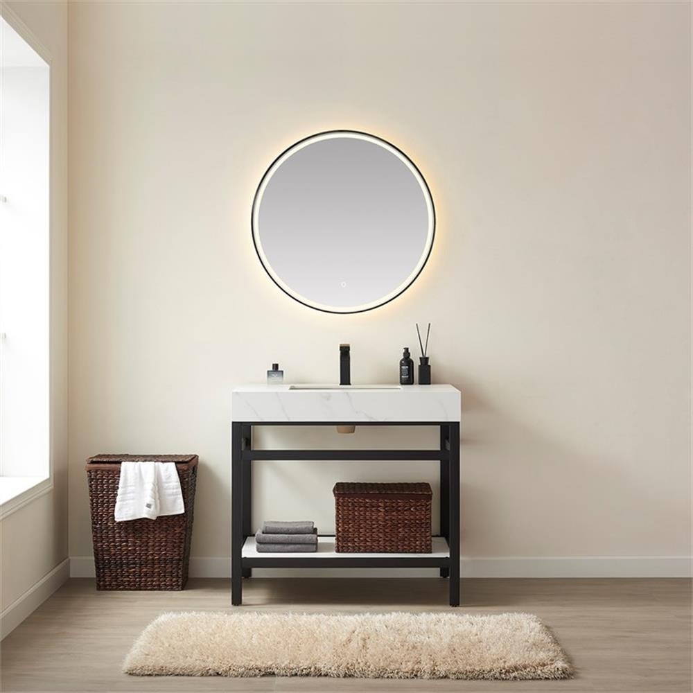 Funes 36″ Single Sink Bathroom Vanity in Matte Black Frame White Top w/ Mirror