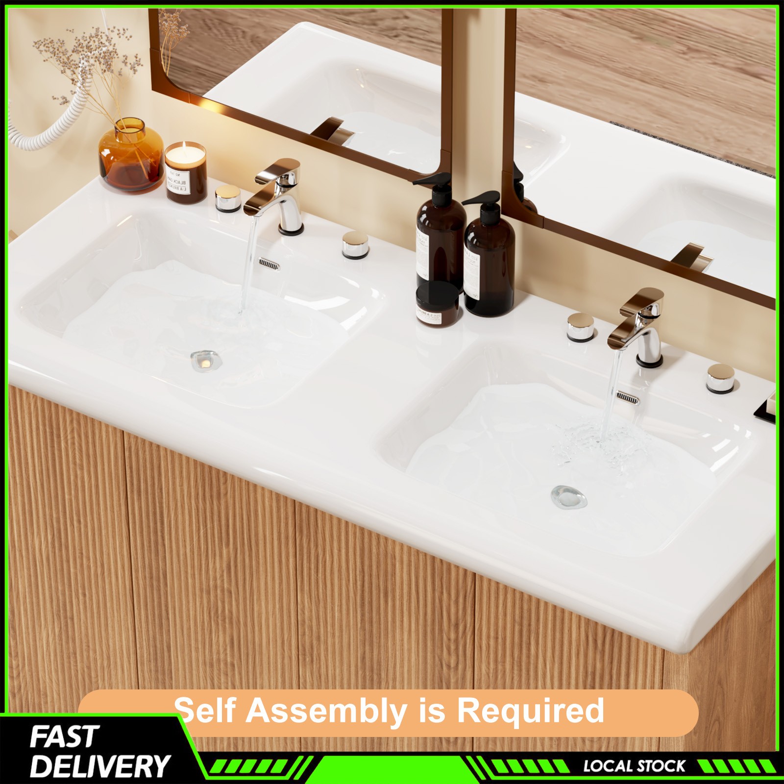 Storage Cabinet 47.3 Inch Modern Wood Grain Bathroom Vanity Double Ceramic Sink