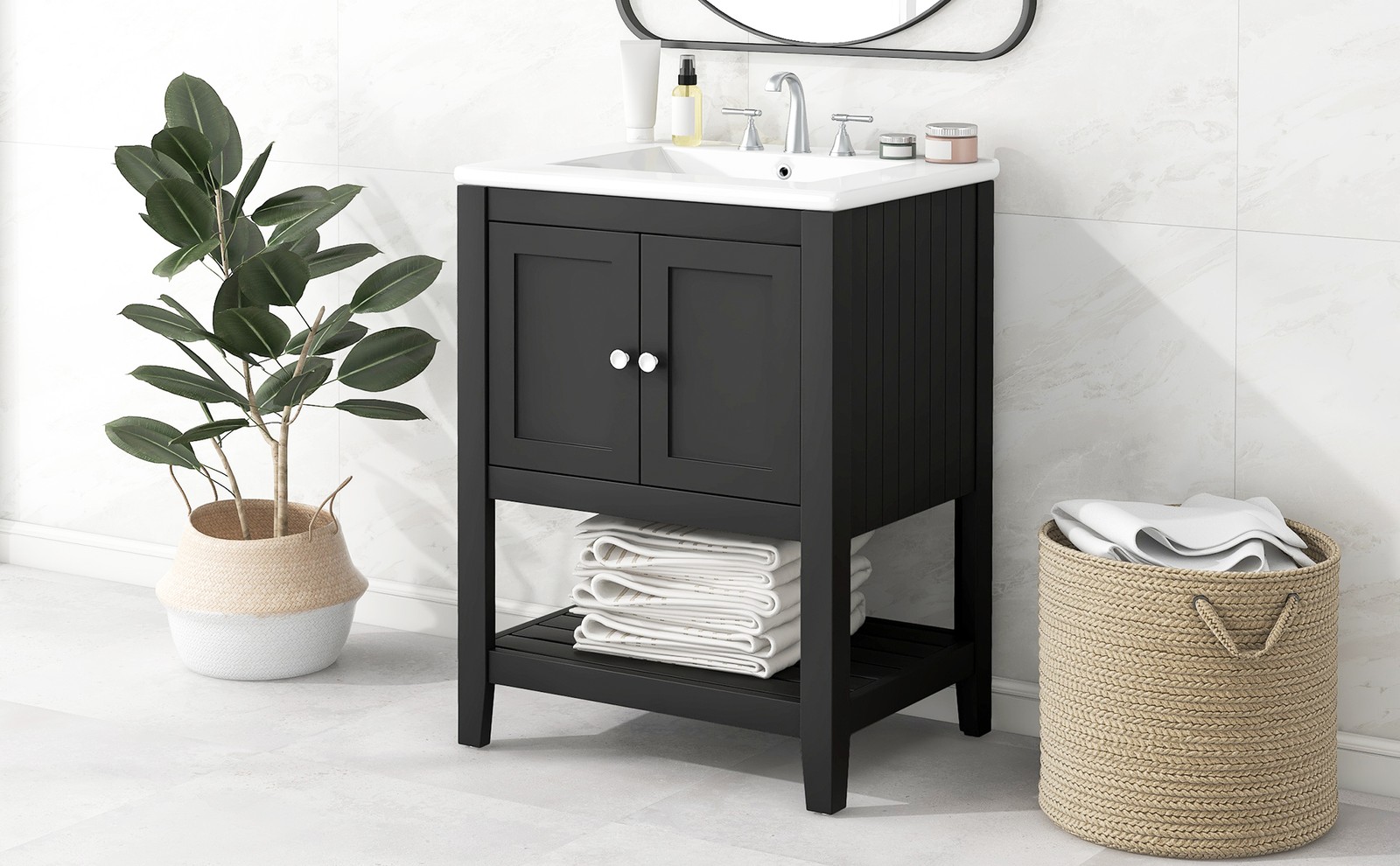 24″ Black Modern Bathroom Vanity with Ceramic Sink & Wood Frame
