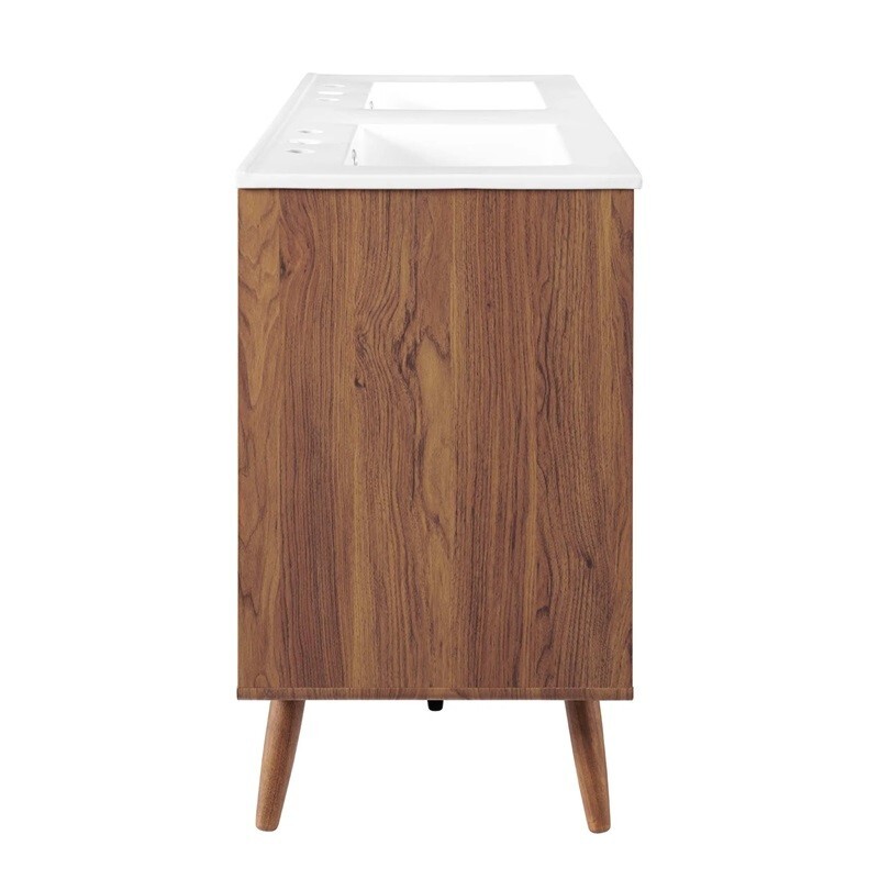 White Mid Century Modern Walnut Bathroom Vanity Ceramic Sink Single Double