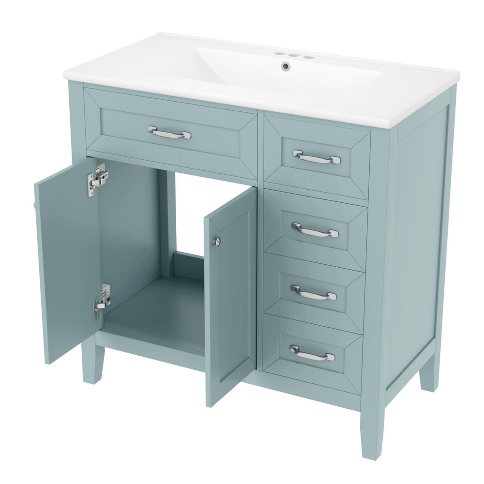 Elegant Green Bathroom Vanity with Ceramic Basin, Solid Rubber Wood Frame &