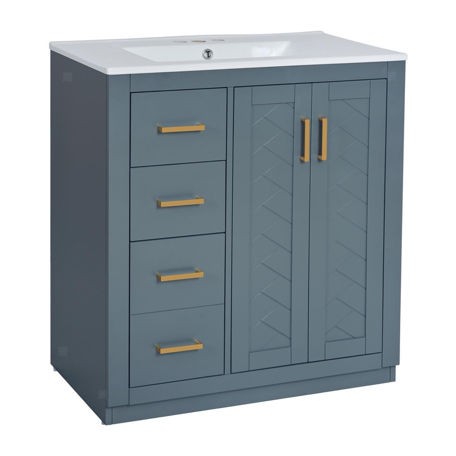 30” Bathroom Vanity Set with Ceramic Sink Combo, Solid Wood & MDF Storage