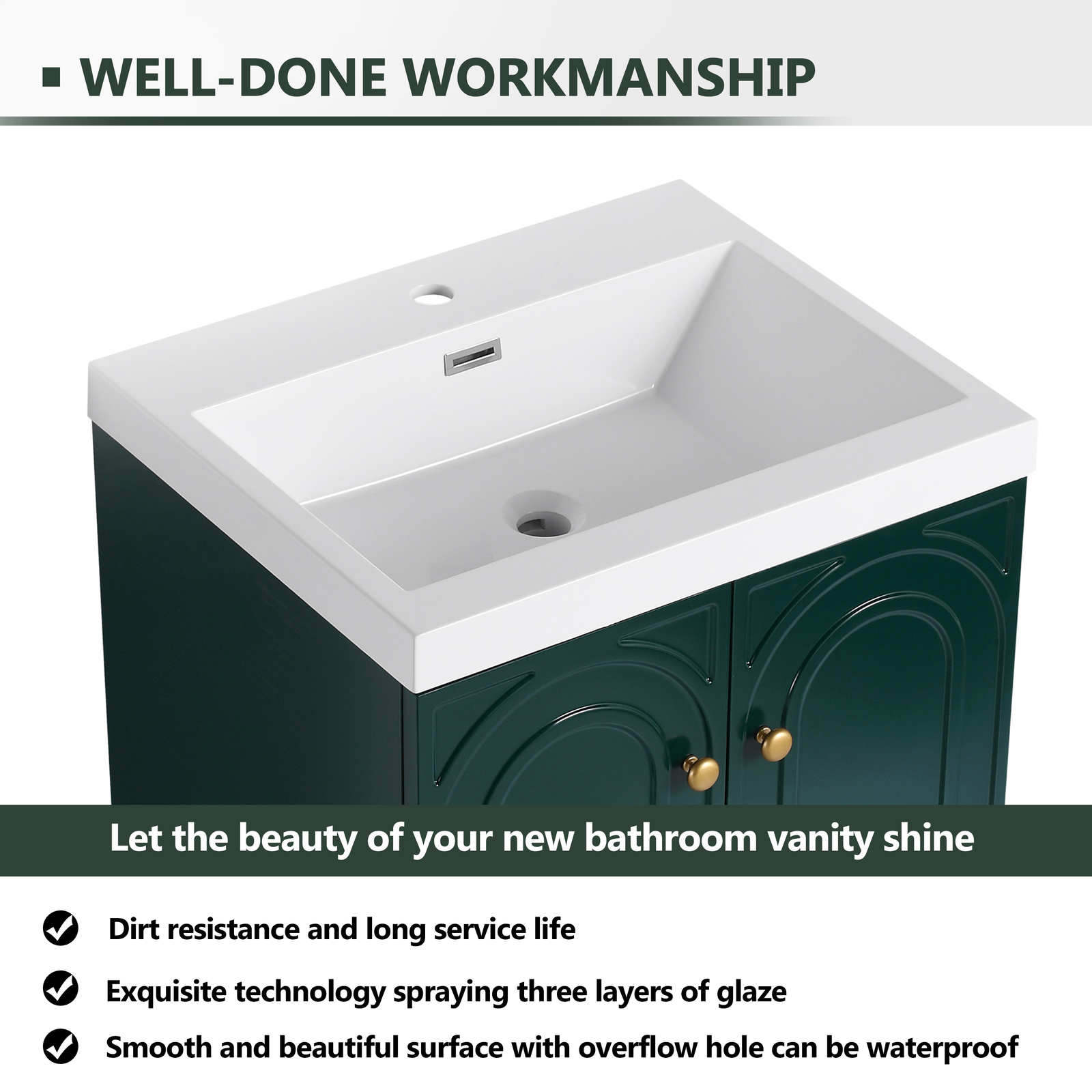 24 inch Plywood Freestanding Bathroom Vanity Cabinet Dark Green Resin Sink Basin