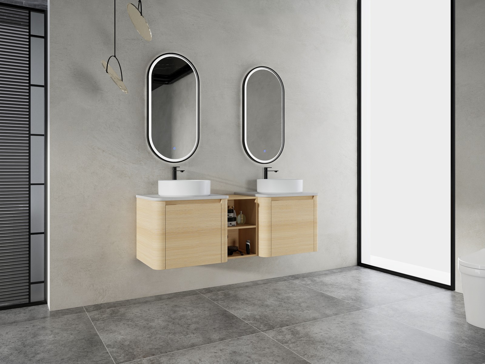 60 in Floating Bathroom Vanity Cabinet 2x White Ceramic Sink Basin +Open Shelves