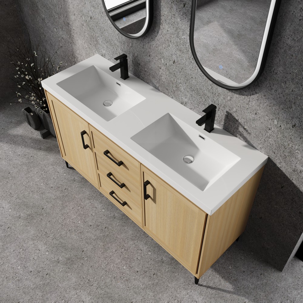 60″ Bathroom Vanity w/ Double Sink, Freestanding Vanity Doors Cabinet, 3 Drawers