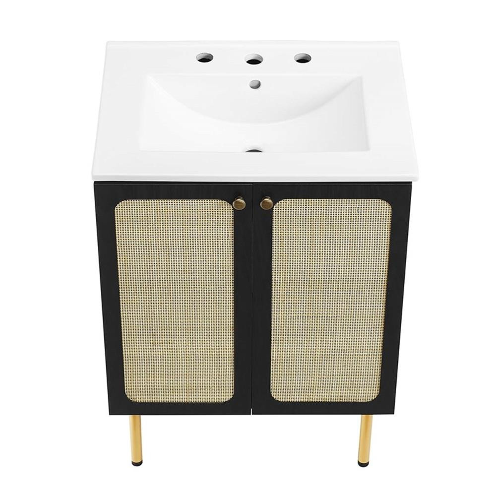 Modway Chaucer 24″ Wood & Rattan Bathroom Vanity in Black/White