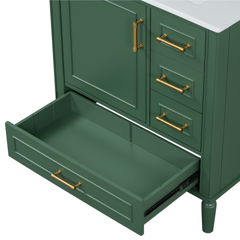 30″ Green Bathroom Vanity Ceramic Sink Soft Close Door 3 Drawers Storage Cabinet