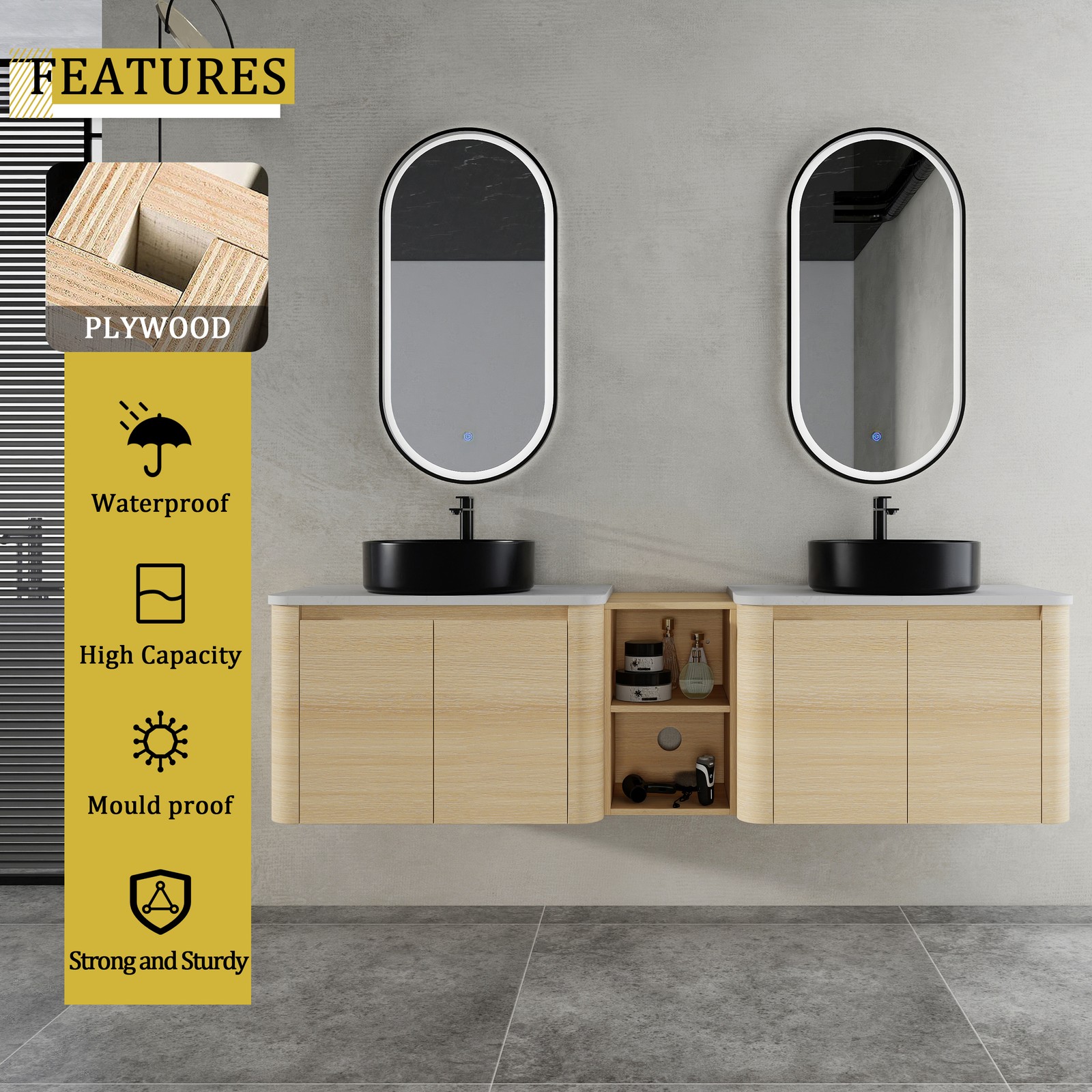 72″ Floating Bathroom Vanity W/ 2 Black Ceramic Sink Stone Slab Top+Open Shelves