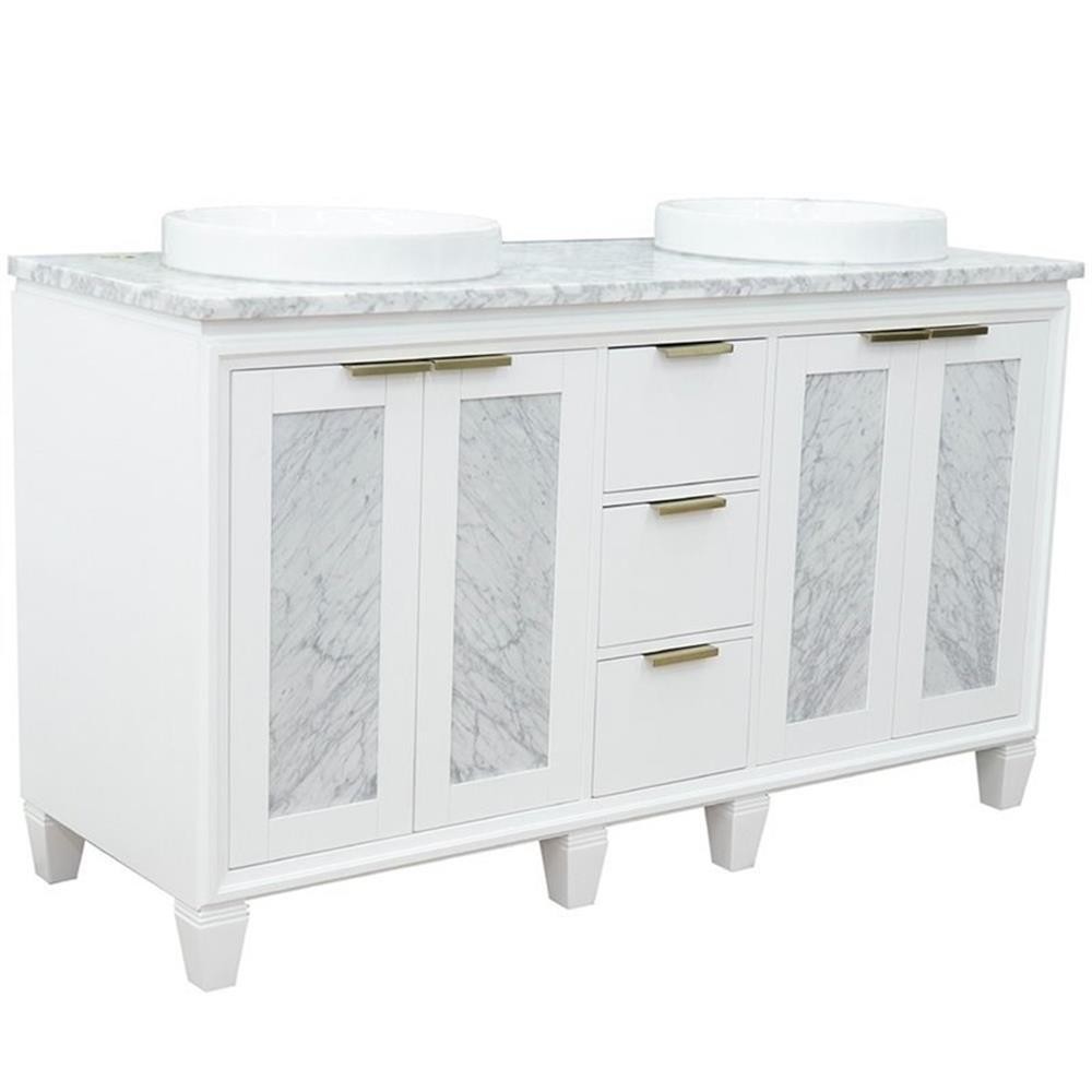 Pemberly Row 61″ Double Round Sink Solid Wood Vanity in White/White Carrara