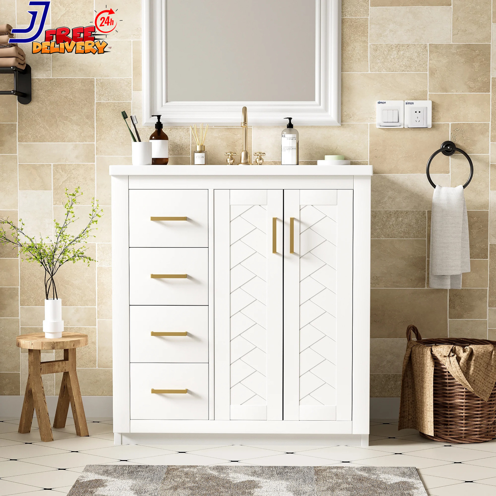 30” Bathroom Vanity w/Ceramic Sink Combo Solid Wood Frame Bathroom Storage Cabi