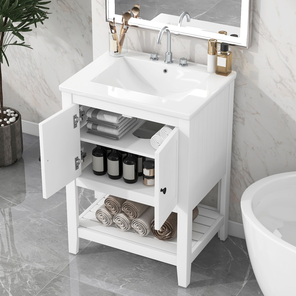 24″ White Bathroom Vanity w/Ceramic Sink & Solid Wood Frame