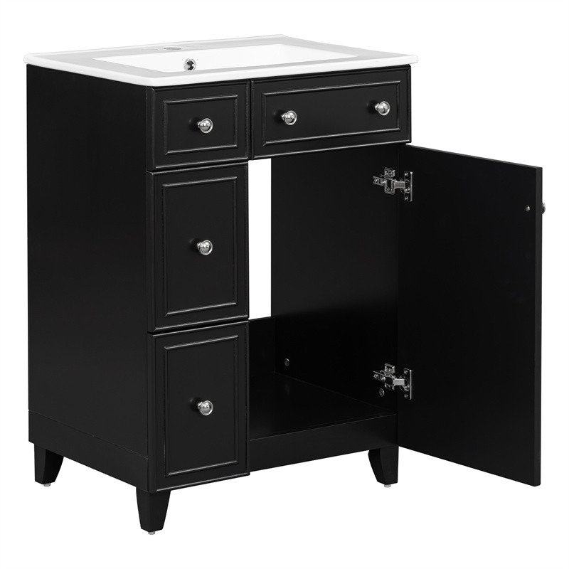 24″ Black Bathroom Vanity Cabinet with Ceramic Sink,2 Drawers,1 Soft-Close Door