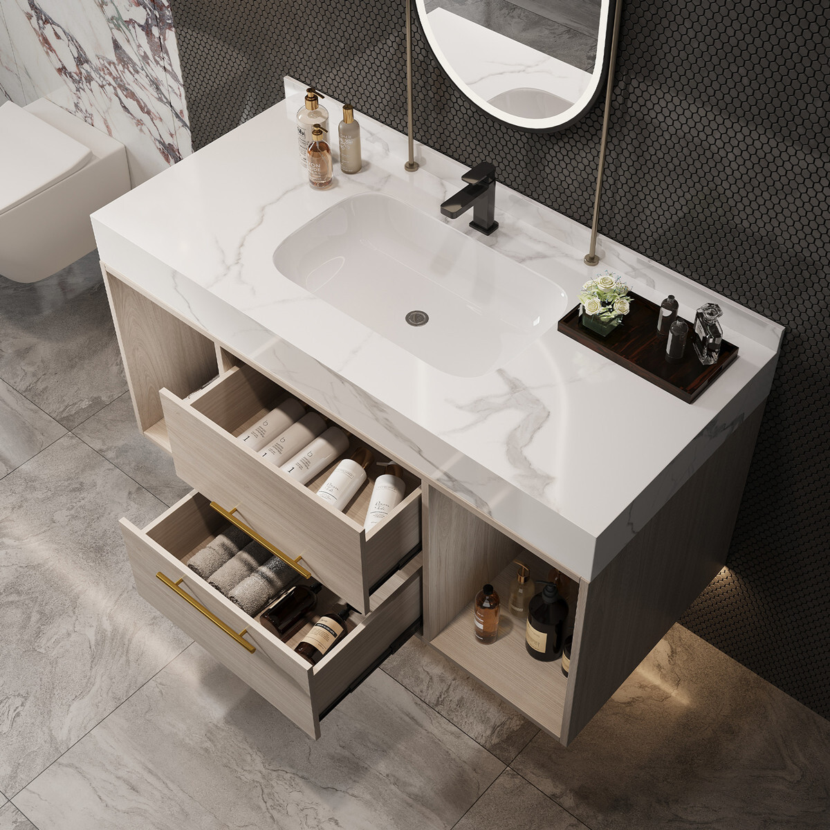 39.4″ Wall Mounted Bathroom Vanity w/ Sink, Floating Vanity Cabinet, 2 Drawers