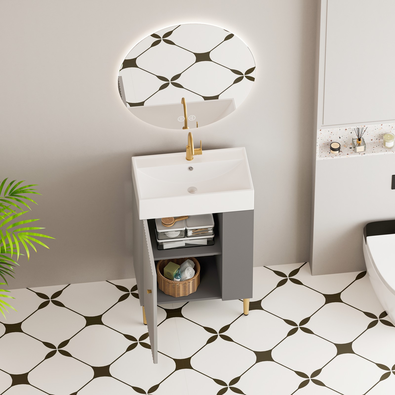 21.6″ Open-Shelving Vanity with Ceramic Sink and Soft-Close Door Grey
