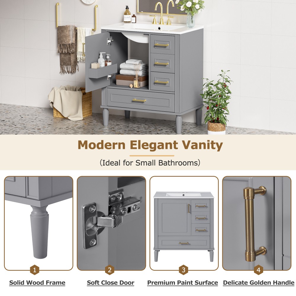 30″ Wood Bathroom Vanity Ceramic Sink Soft Close Door 3 Drawers Storage Cabinet