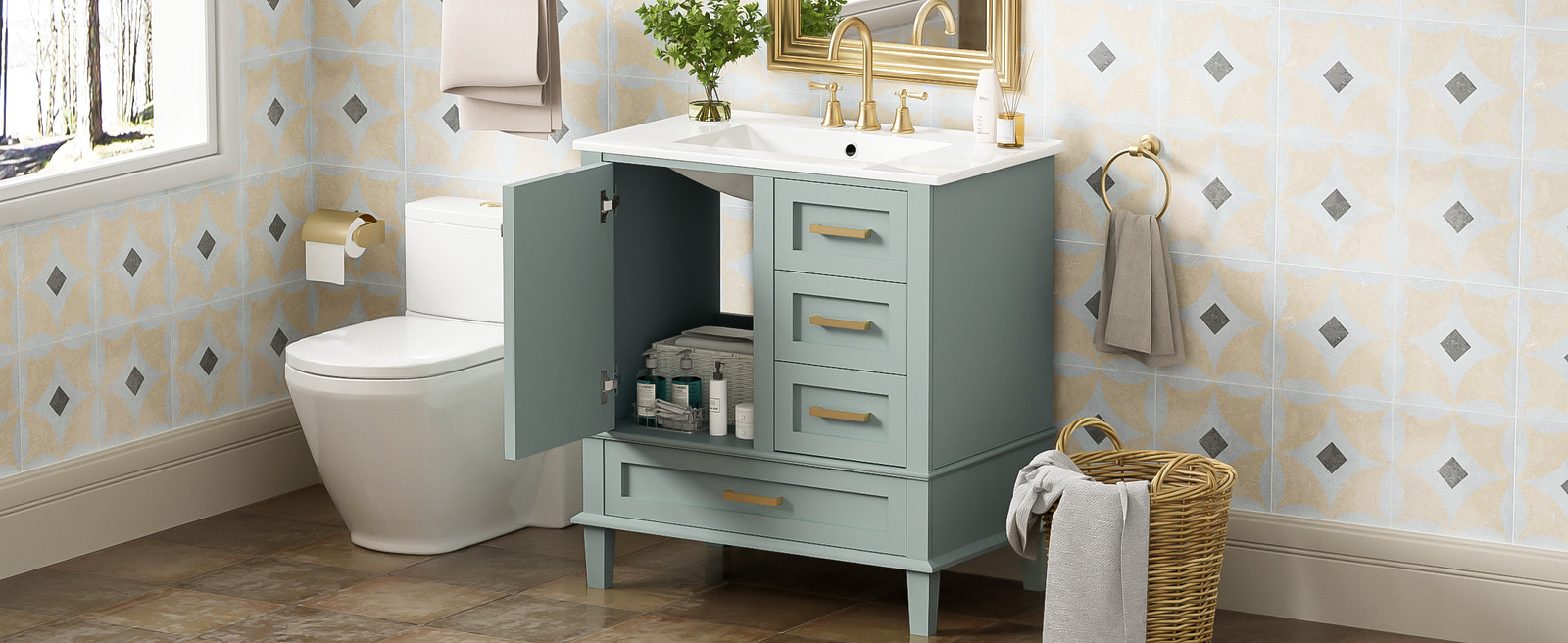 30″ Bathroom Vanity with Sink, Solid Wood Frame, Sage Green