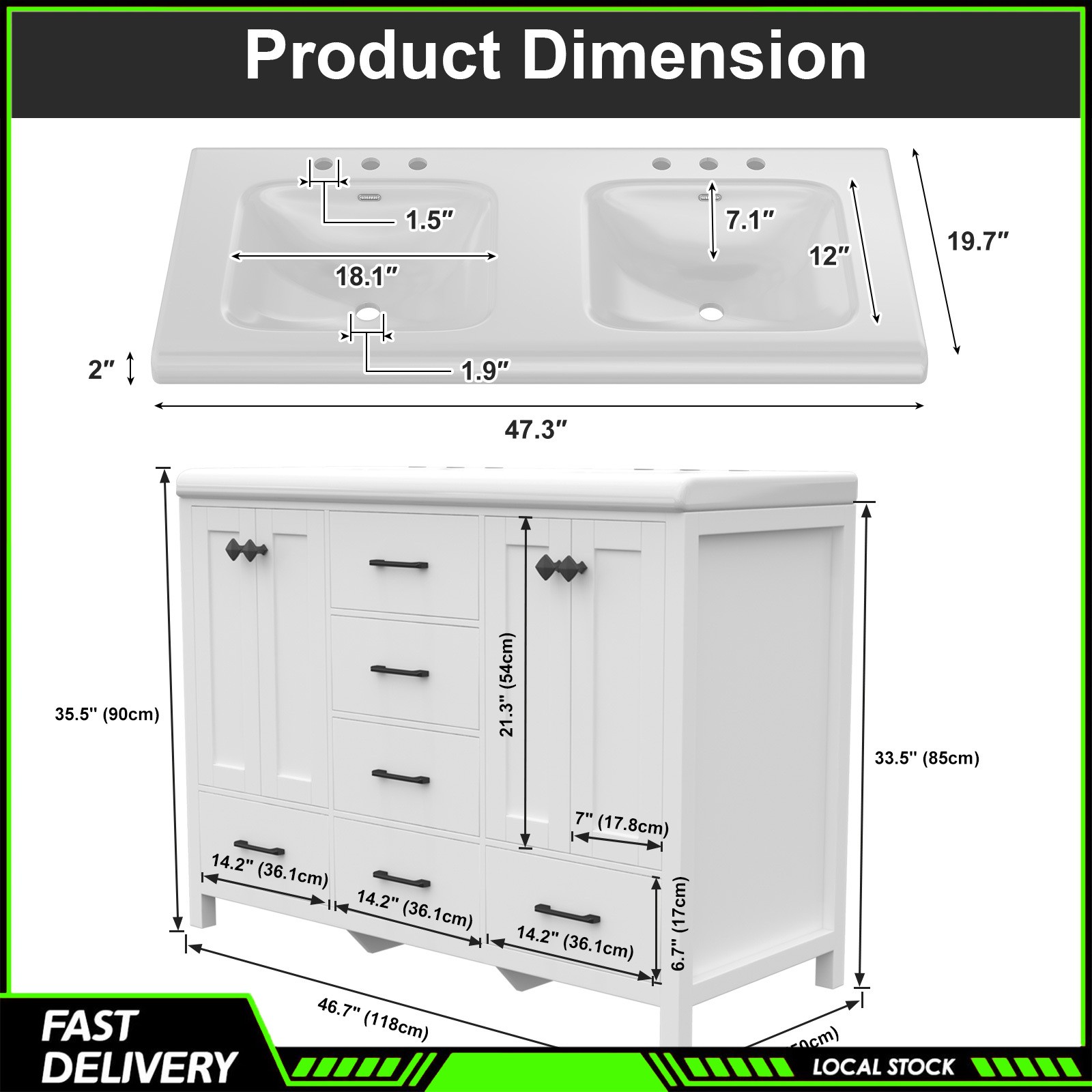 47.3 Inch Bathroom Vanity with Storage Double Ceramic Sinks Freestanding Cabinet