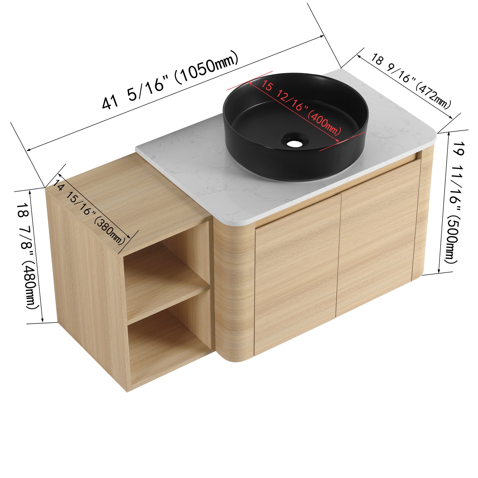 42in Plywood Floating Bathroom Vanity W/Black Ceramic Basin Sink Storage Shelves
