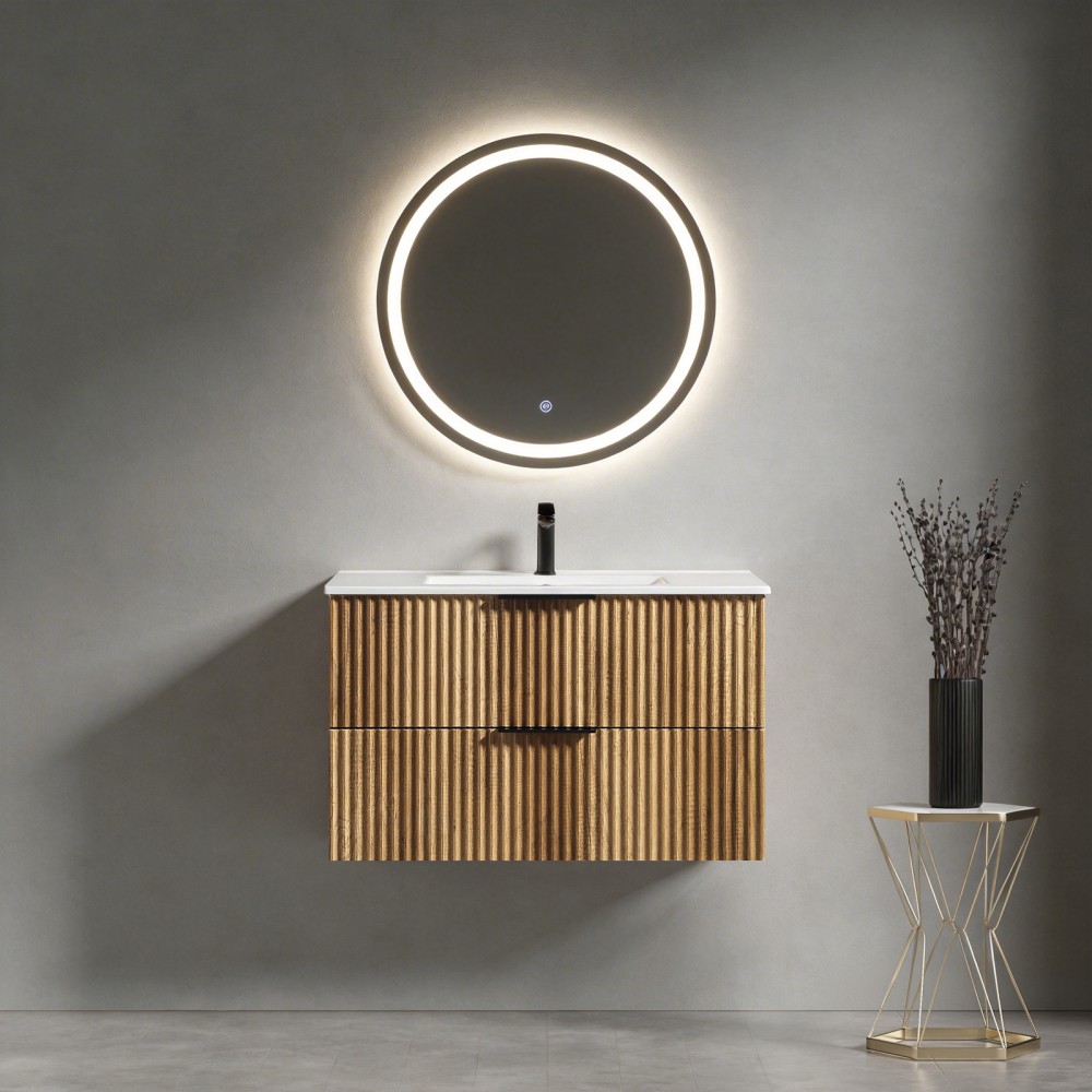 35.04 in Modern Golden Oak Floating Vanity with Ceramic Sink