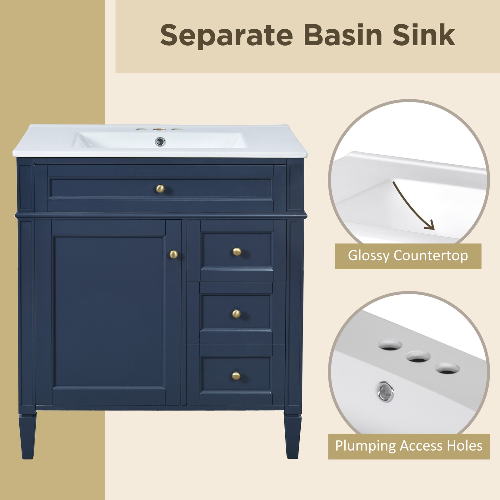 30″ Bathroom Vanity with Sink, 2 Drawers & Tip-Out Drawer, Blue