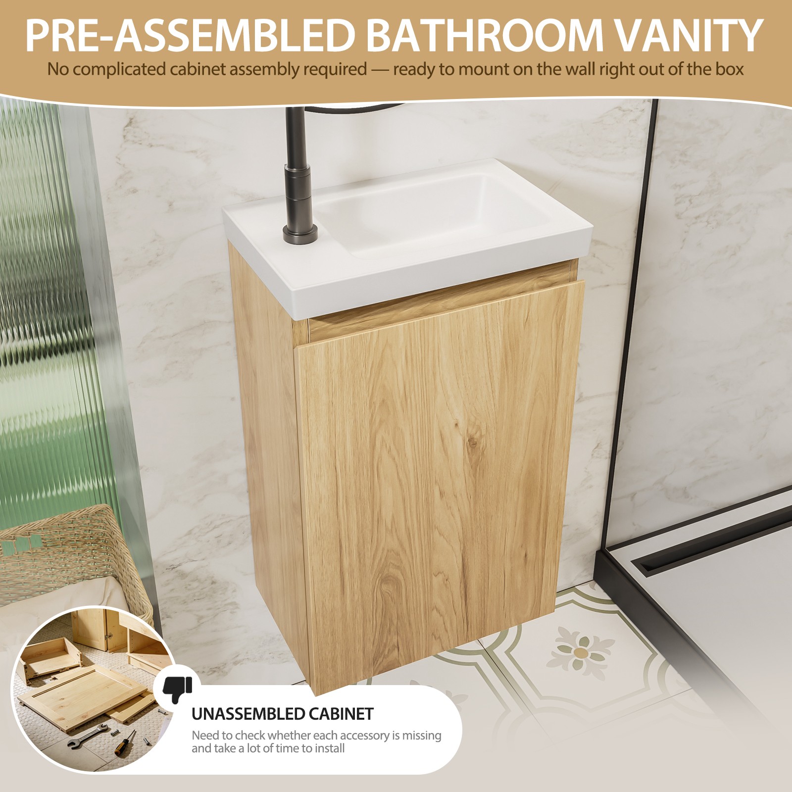 16″ Floating Bathroom Vanity with Sink, Natural Oak, White Stone Top
