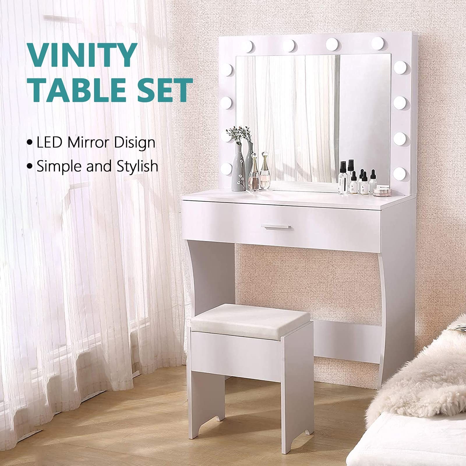 Makeup Vanity Desk with Lights Dimmable Large Drawer Sturdy Bedroom Studio White