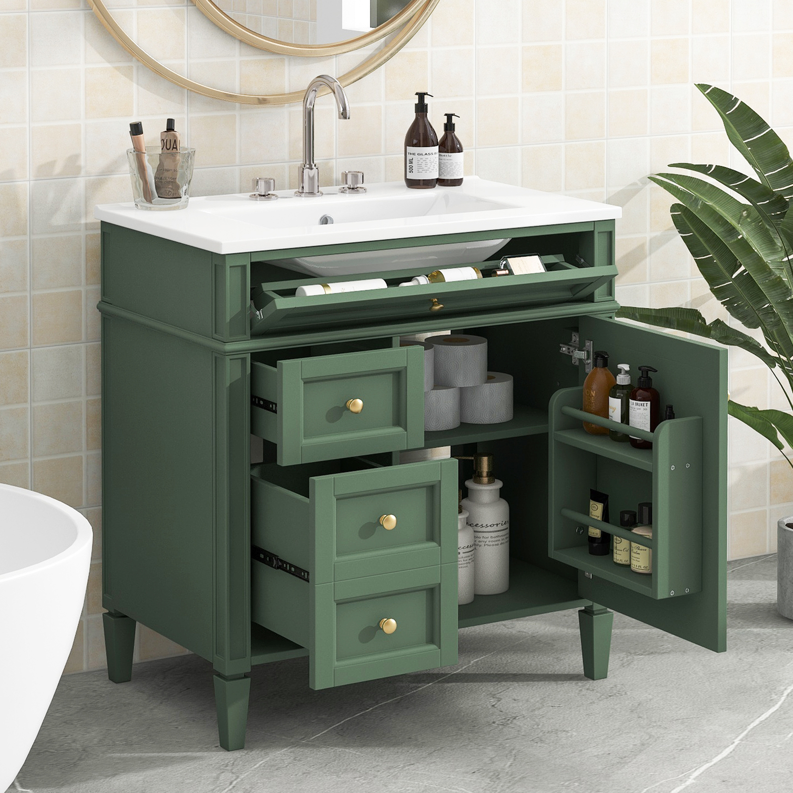 30” Bathroom Vanity with Top Ceramic Sink Modern Storage Cabinet with 2 Drawers