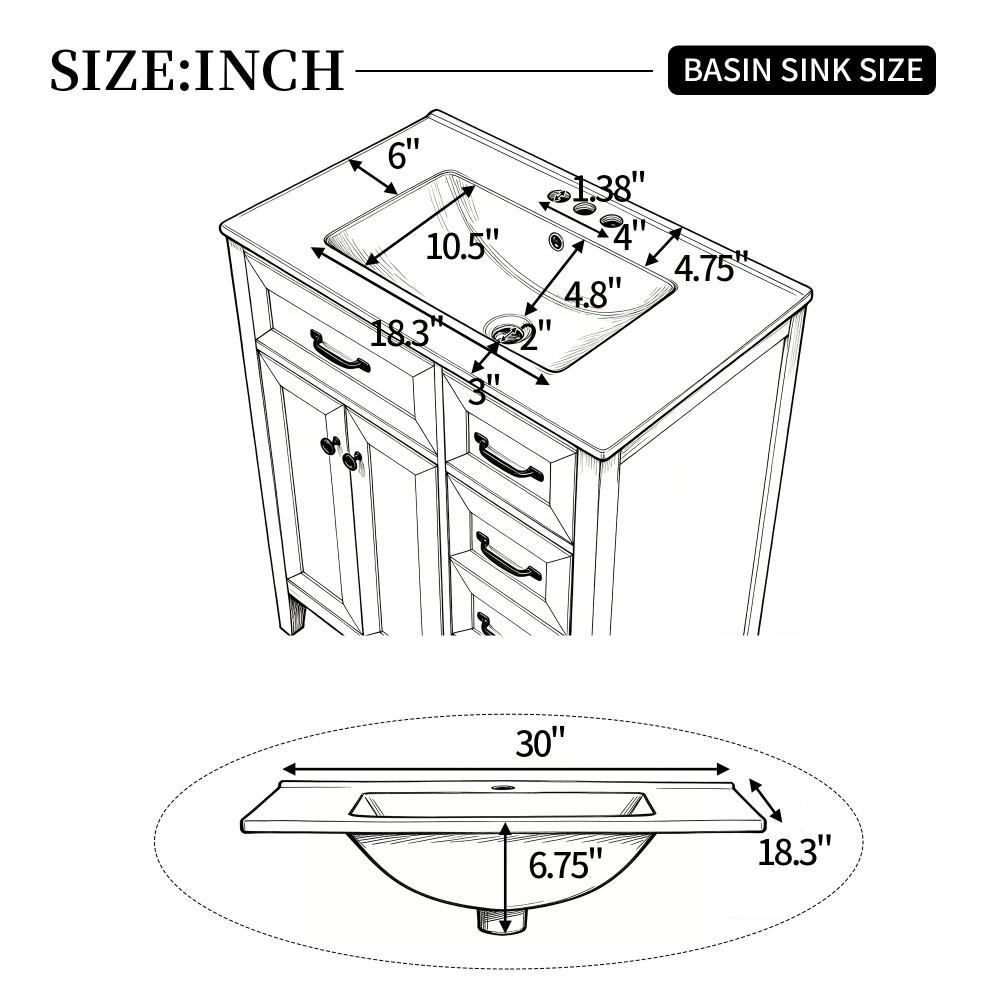 30″ White Bathroom Vanity with Ceramic Sink Freestanding Vanity with Black Metal