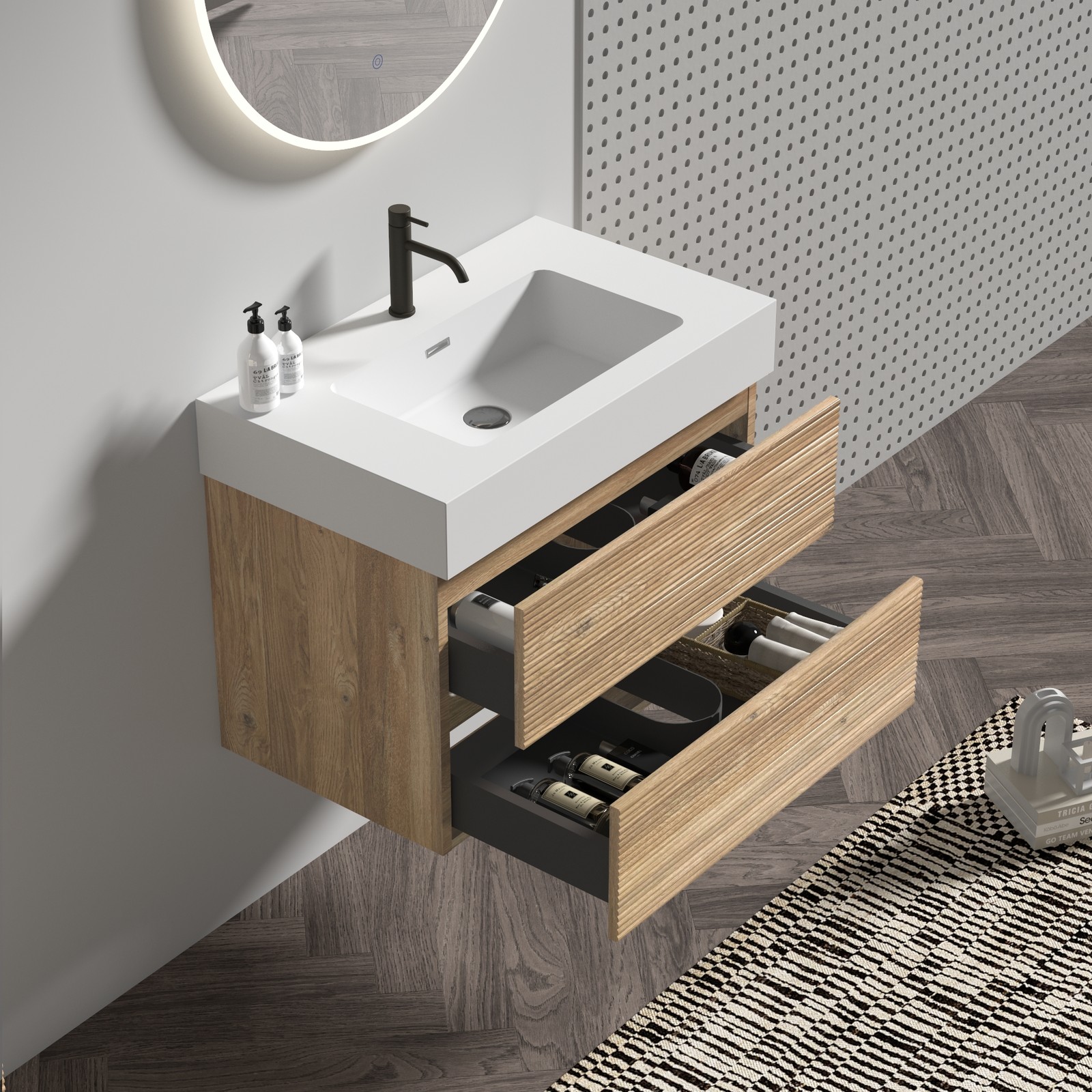 30″ Rough Oak Floating Bathroom Vanity with White Sink & Drawers