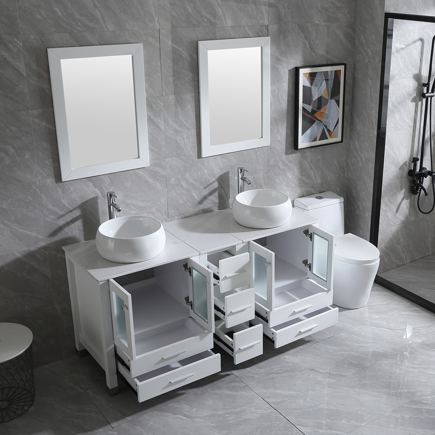 60″ Double Bathroom Vanity White Cabinet Glass Vessel Sink Bowl Mirror w/Faucet