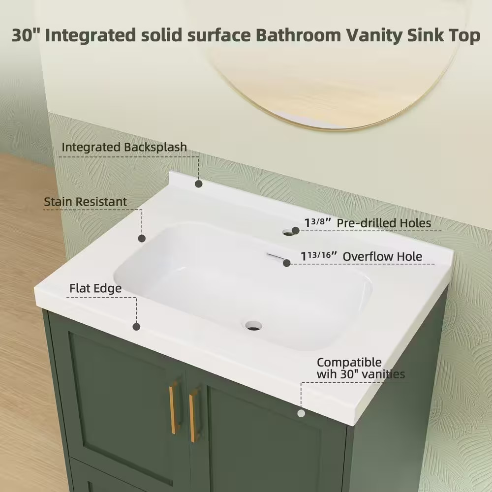 30 In. W X 22 In. D Solid Surface White Rectangular Bath Vanity Top with Single