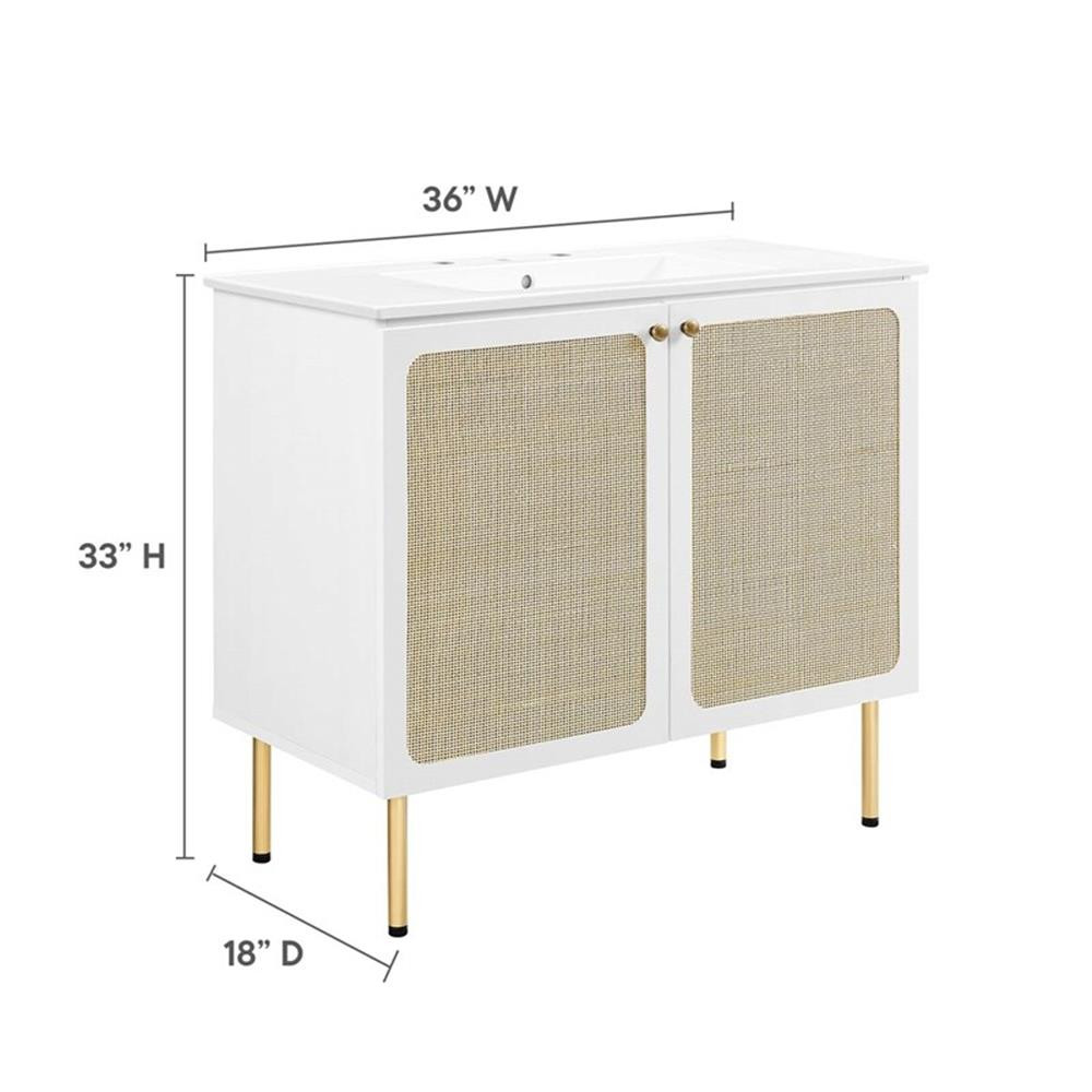 Modway Chaucer 36″ Wood & Rattan Bathroom Vanity with Adjustable Shelf in White