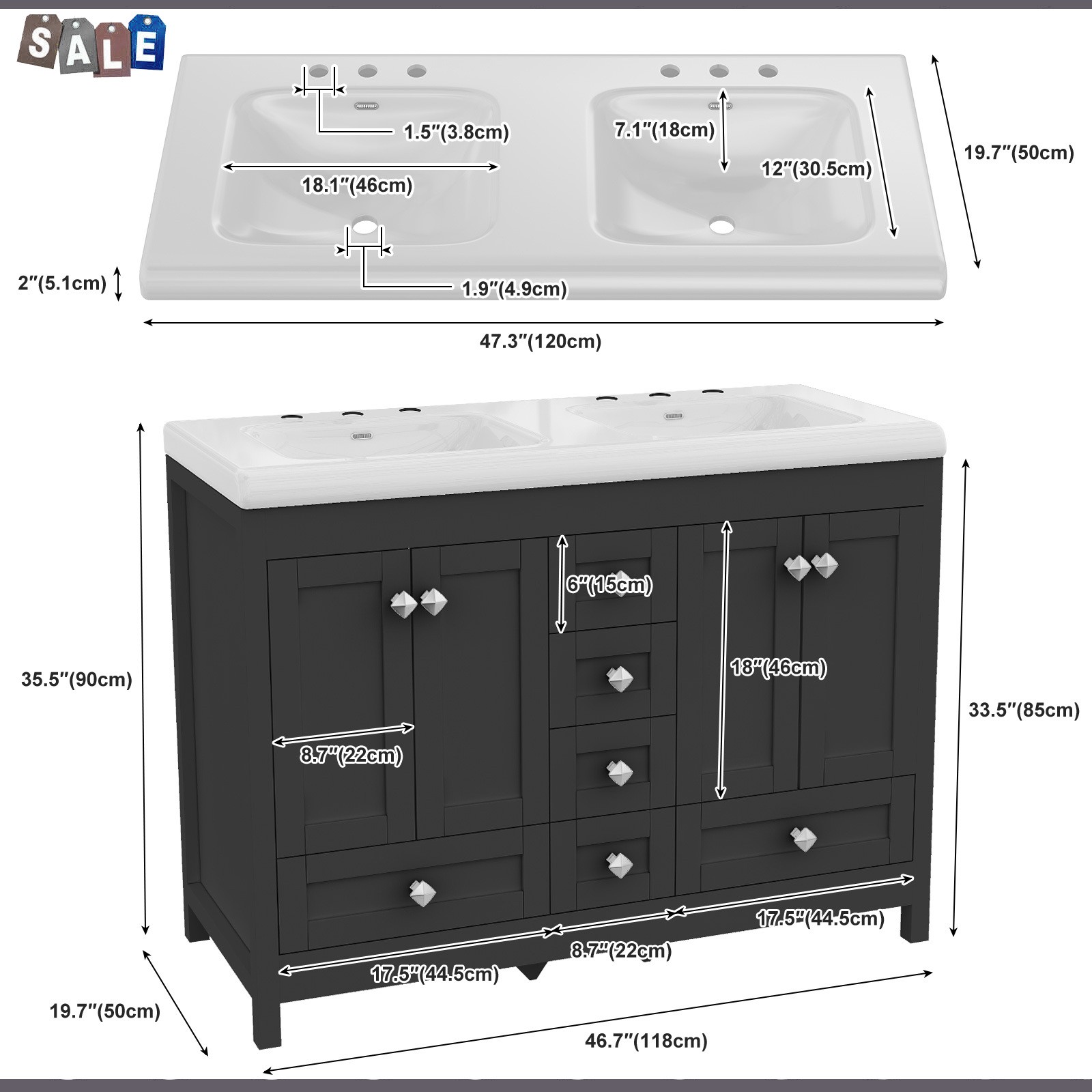 5 Drawers Bathroom Vanity Cabinet with Double Sink Ceramic Freestanding