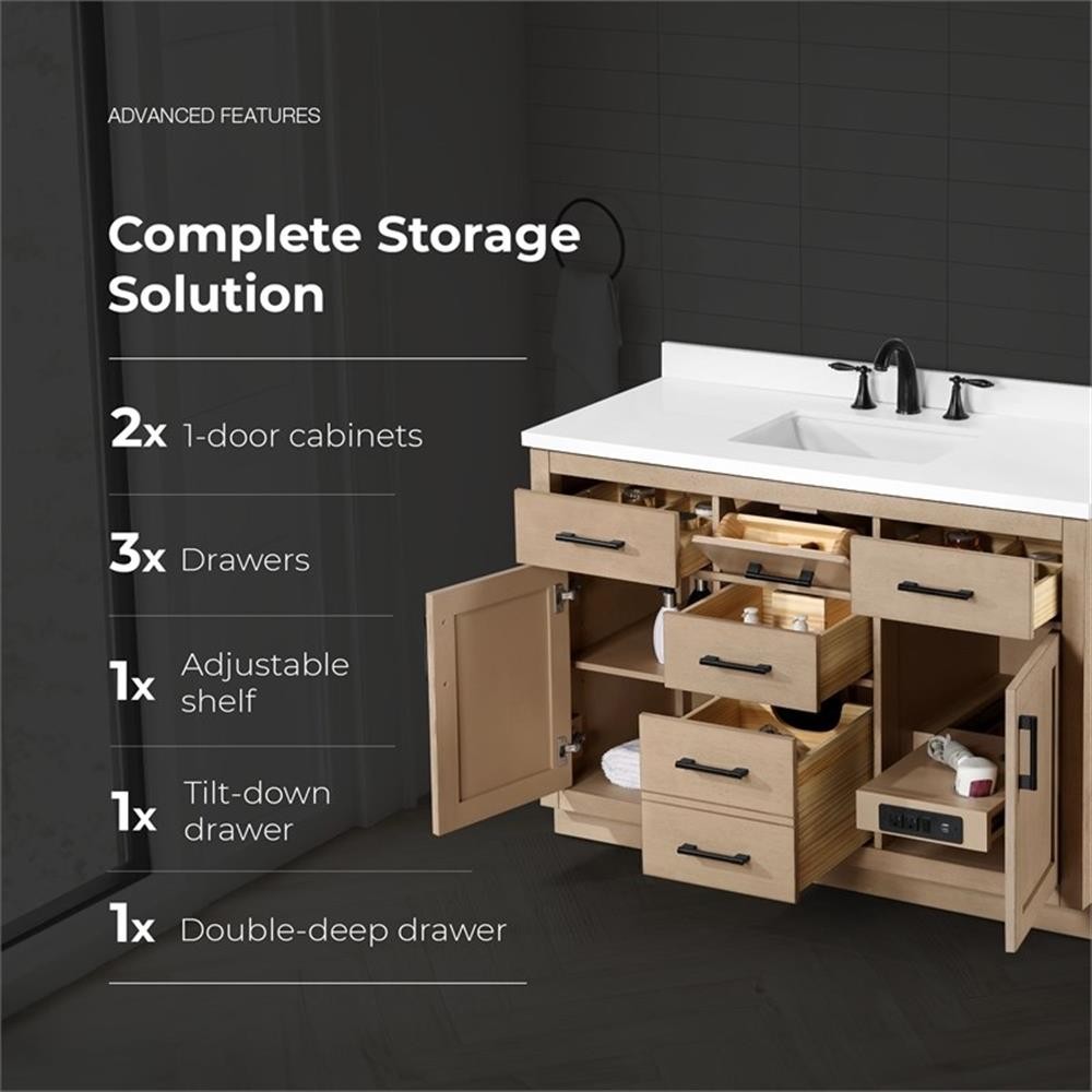 Pemberly Row 48″ Bathroom Vanity in Sahara Birch with White Countertop