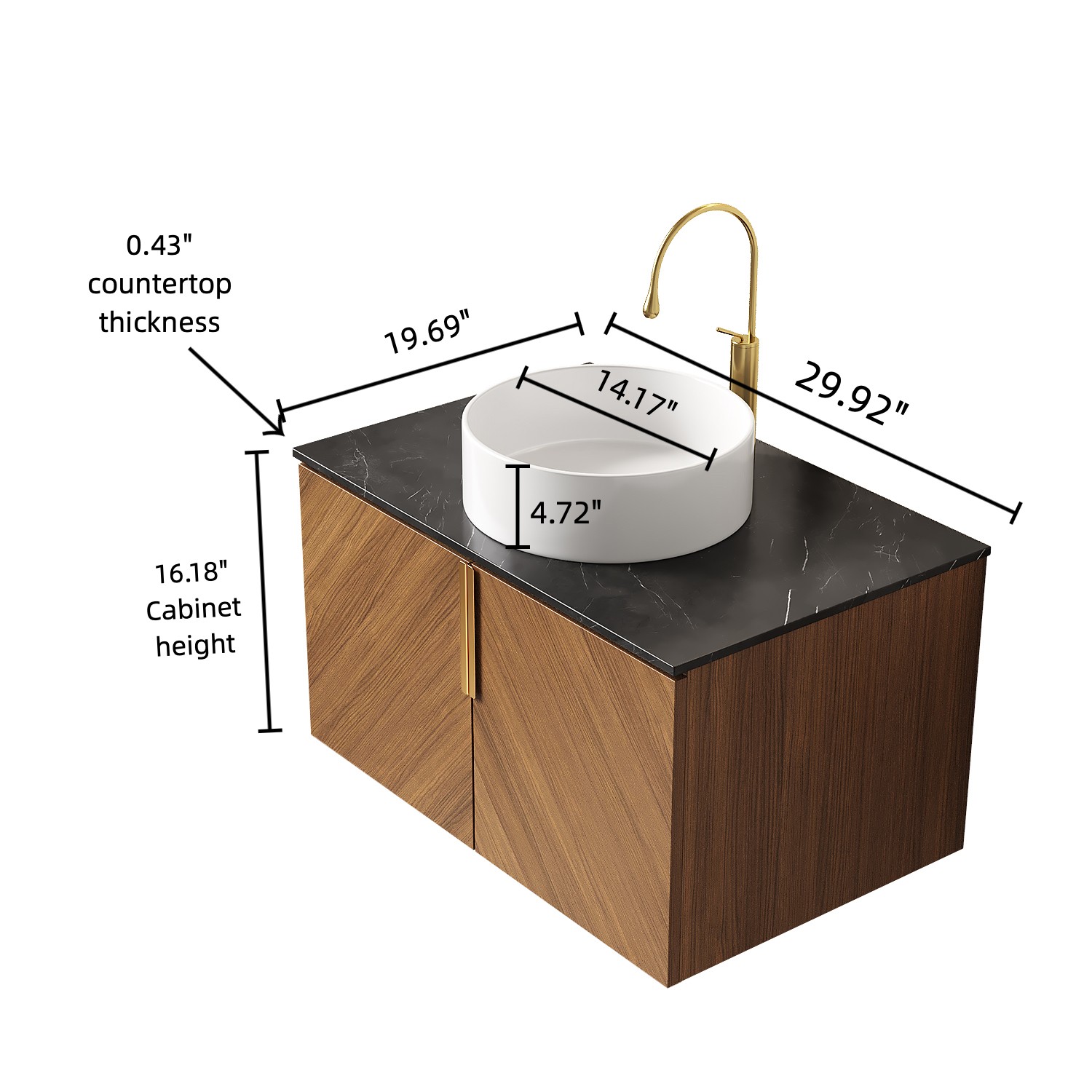Double-door dressing table with sink, stone countertop and round ceramic basin