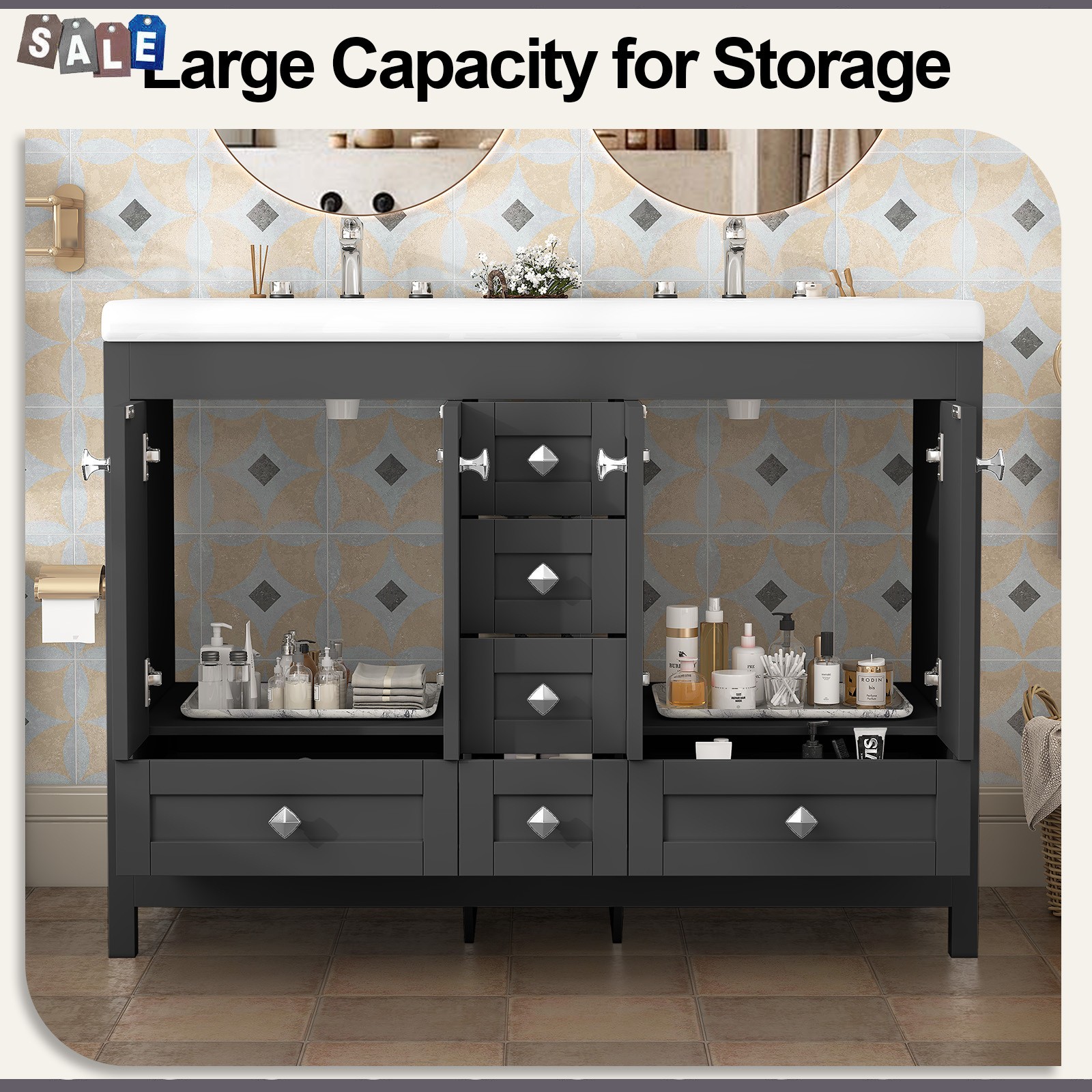 5 Drawers Bathroom Vanity Cabinet with Double Sink Ceramic Freestanding