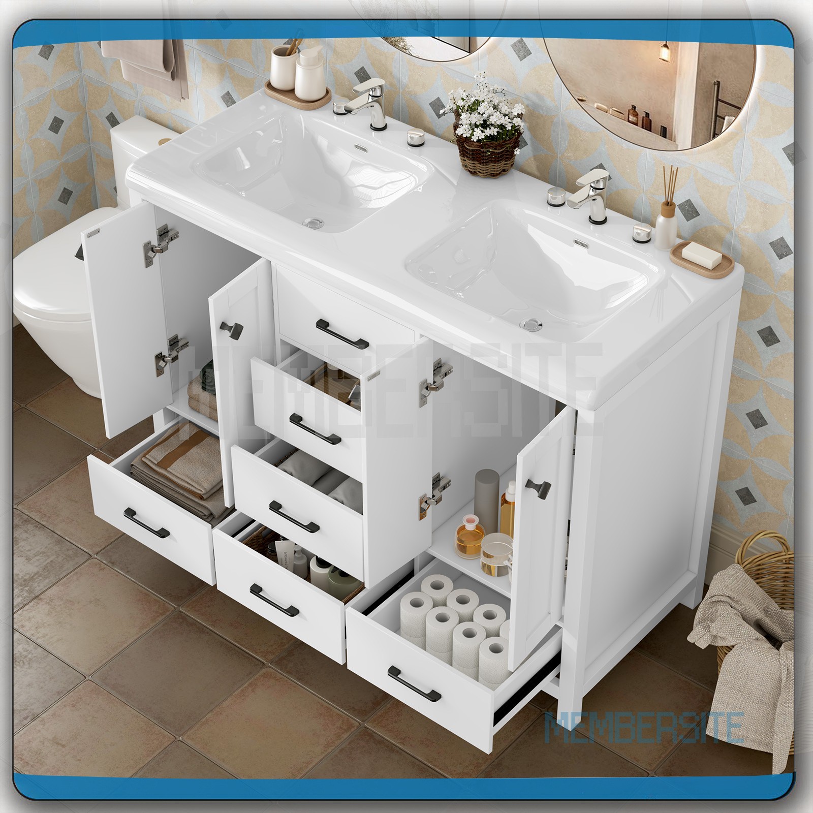 Bathroom Vanity 47.3″ Double Sink Ceramic Freestanding Cabinet Wood Grain White
