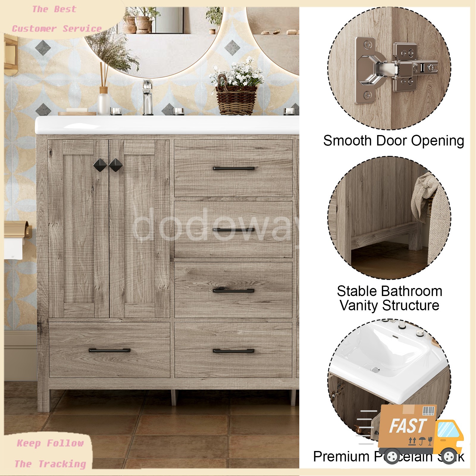 47″ Bathroom Vanity with Ceramic Sink Freestanding Storage Cabinet w/ 6 Drawers