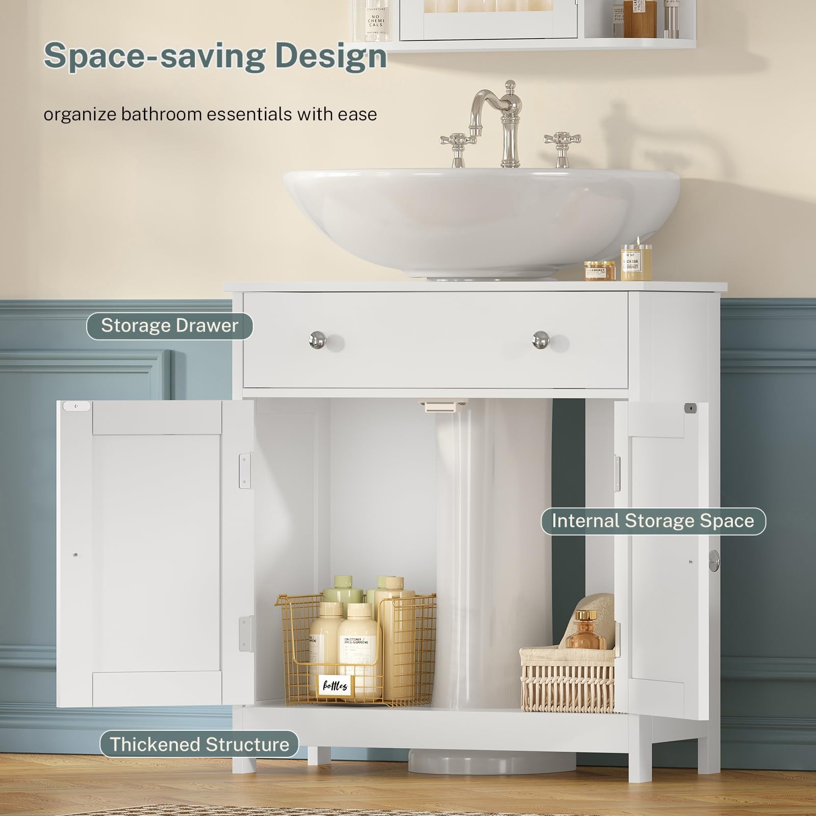 Pedestal Sink Storage Cabinet with 2 Doors and Drawer, Bathroom Sink Cabinet,…