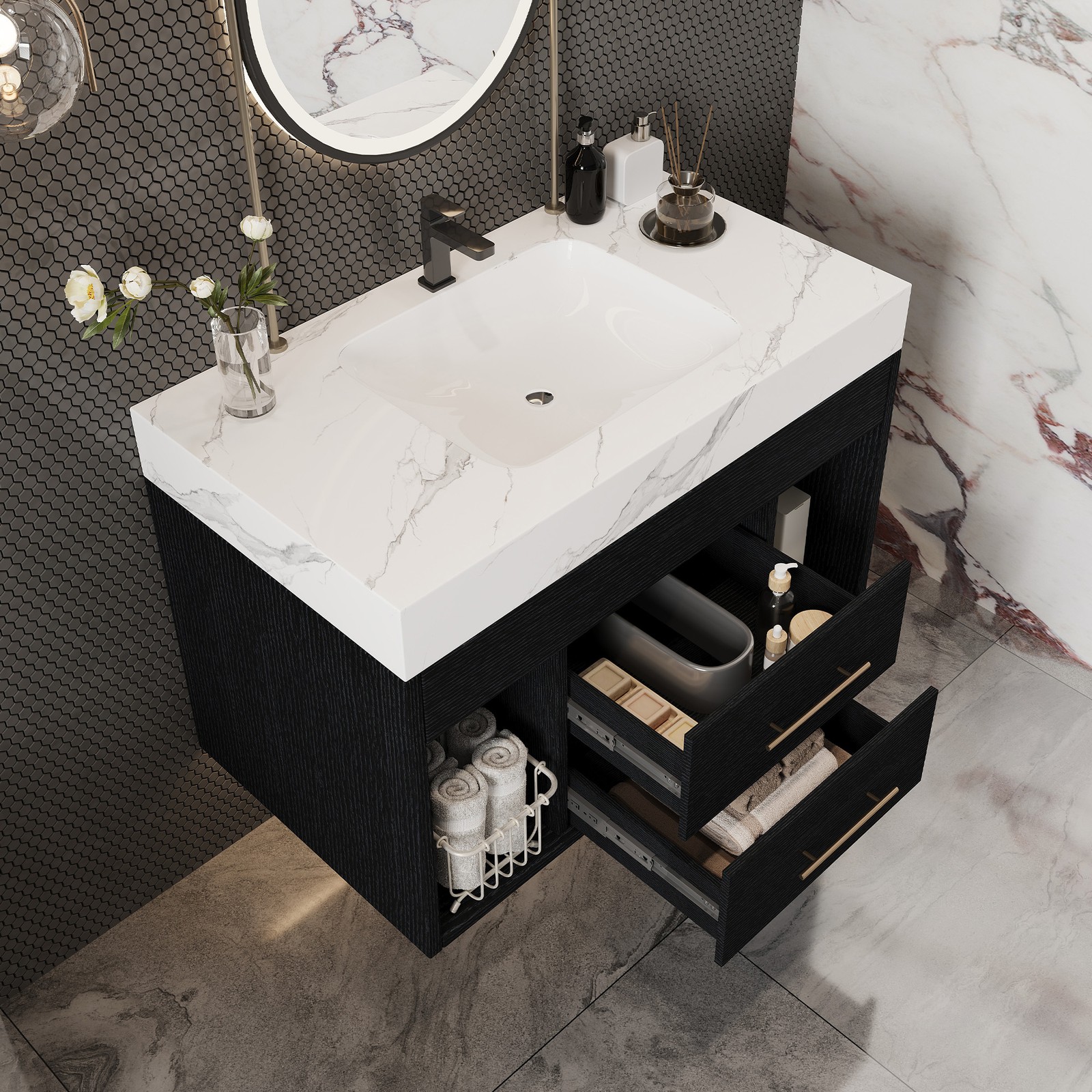 Modern Floating Bathroom Vanity Sintered Stone Top Ceramic Undermount Sink 29.9″