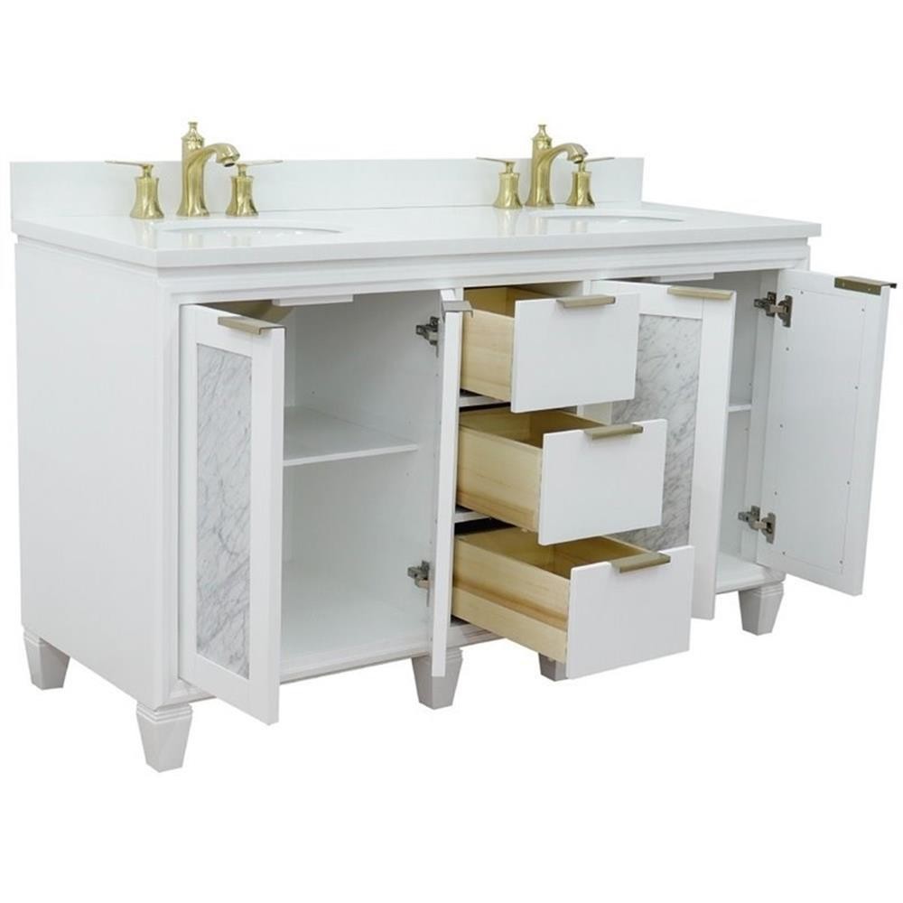 Pemberly Row 61″ Double Oval Sink Solid Wood Vanity in White/White Quartz Stone