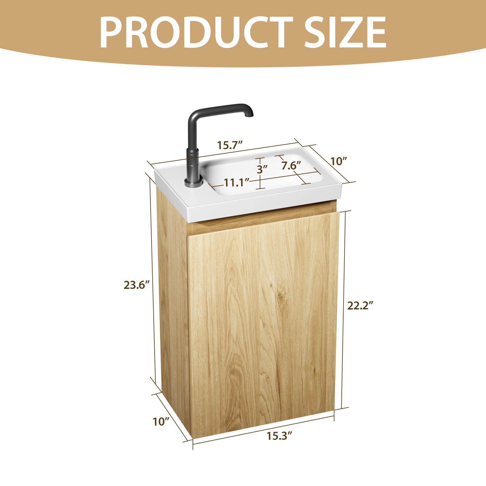 16″ Floating Bathroom Vanity with Sink, Natural Oak, White Stone Top
