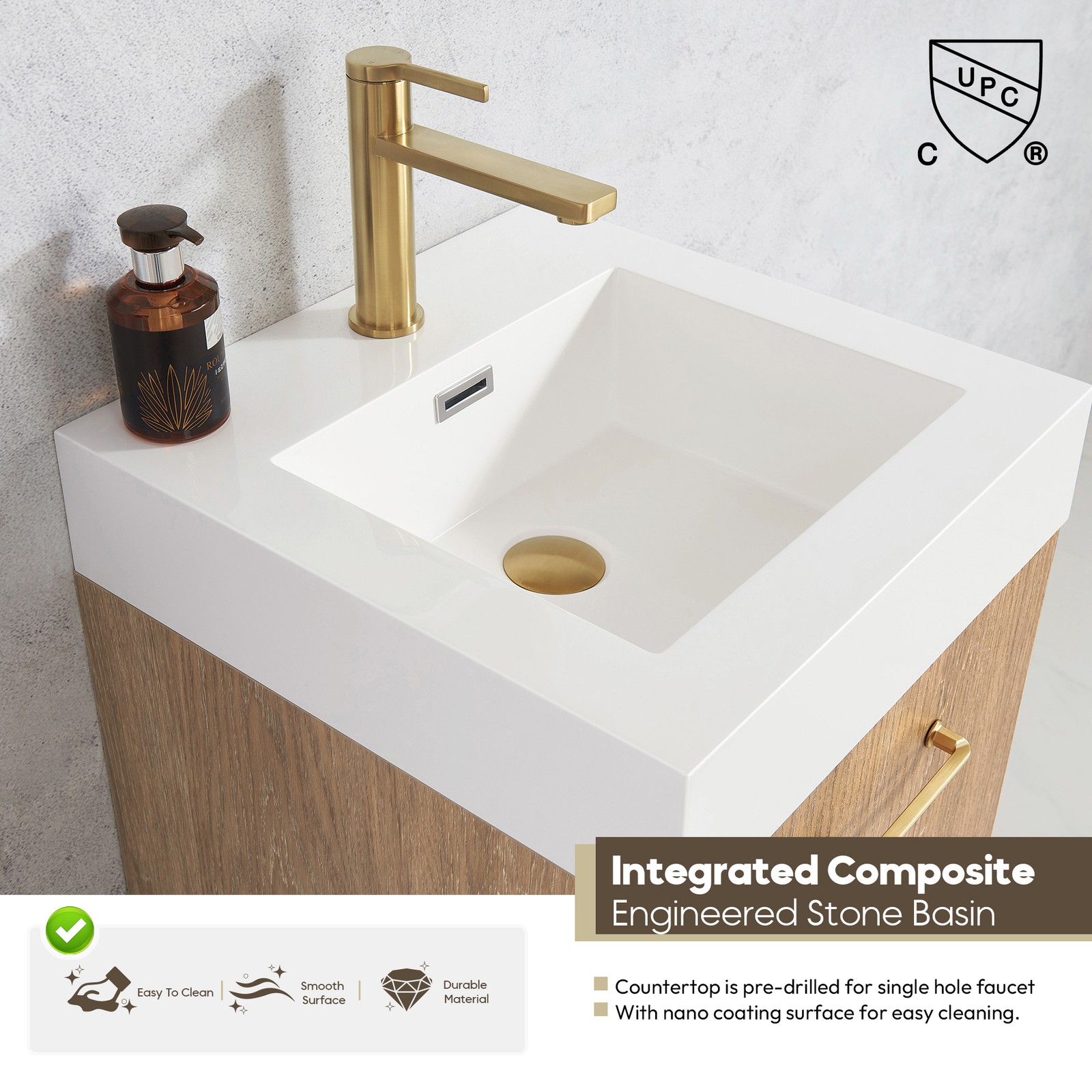 Vinnova Alistair 18″ White Stone Top Single Vanity in Oak without Mirror