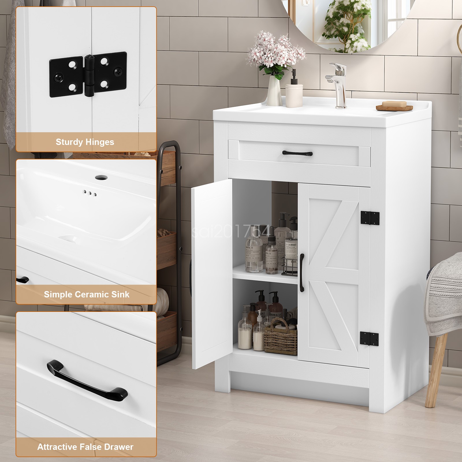 Bathroom Vanity Ceramic Single Basin Vanity Freestanding Vanity Cabinet 35.4Inch