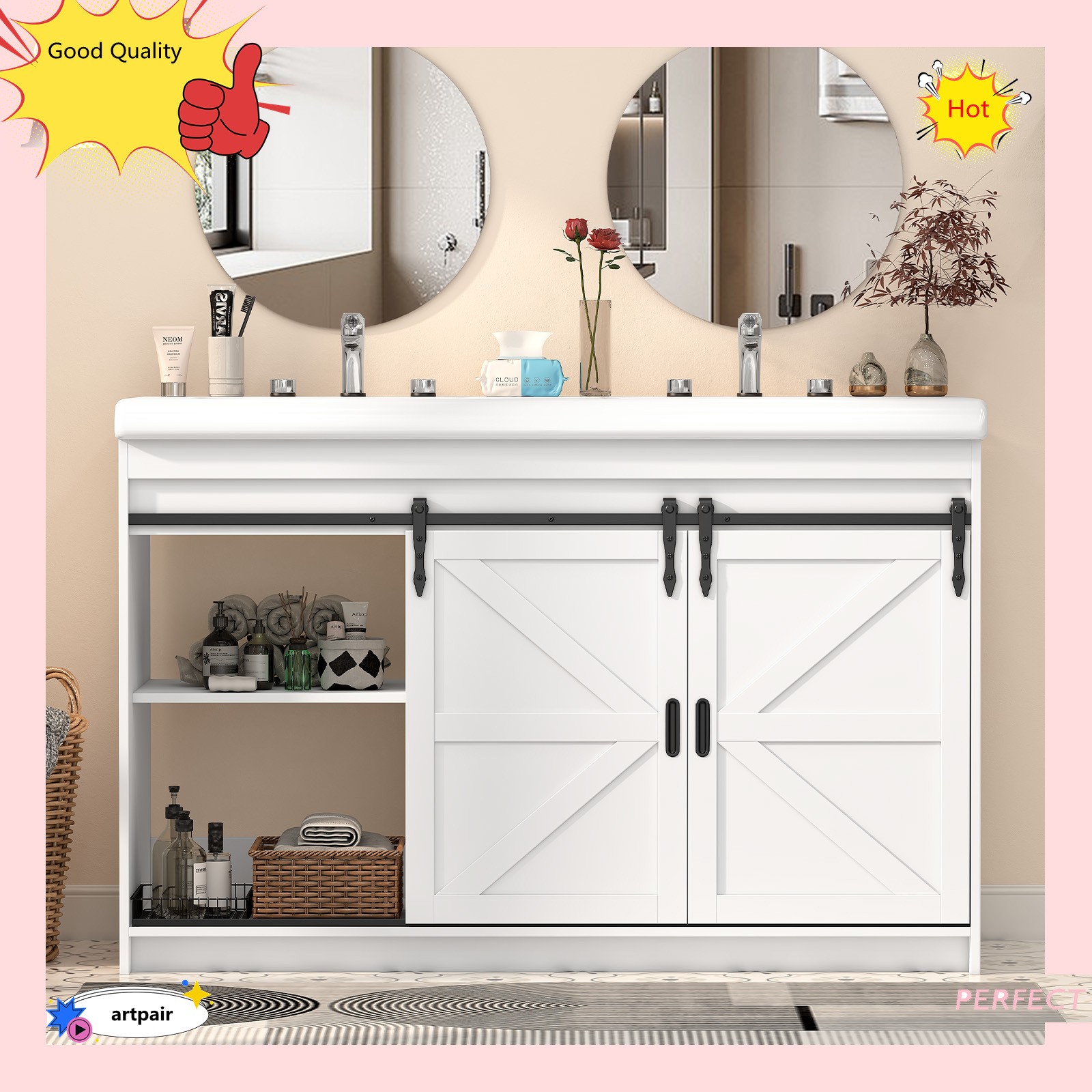 Large Vanity Cabinet Double Bathroom Top Ceramic Sink Countertop without Faucet
