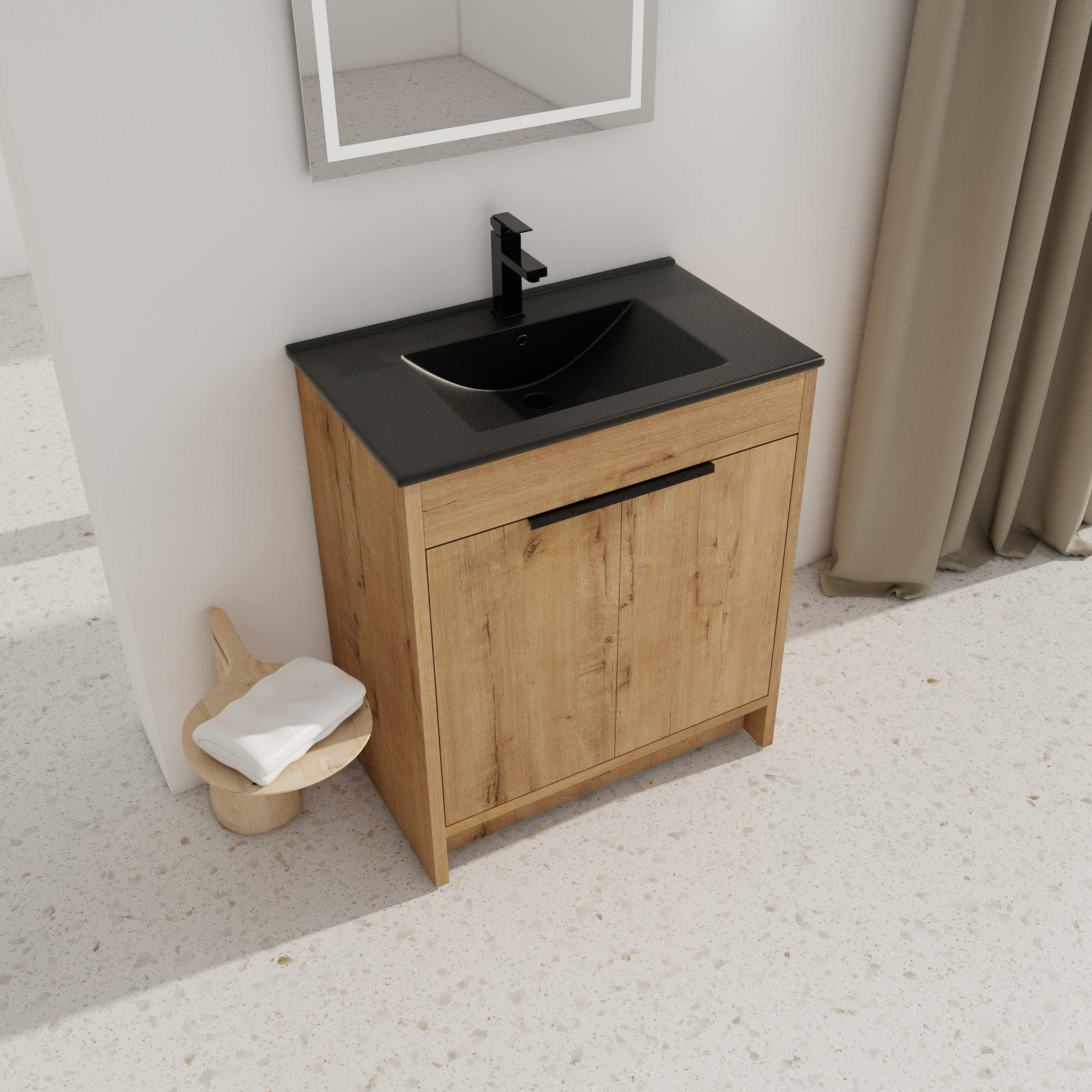 30″ Plywood Freestanding Bathroom Vanity Cabinet W/ Black Sink Soft-Close Door