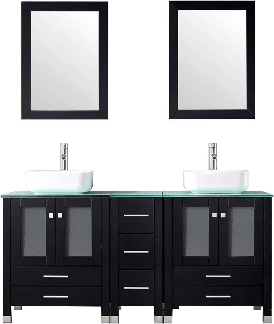 60″ Double Bathroom Vanity Black Cabinet Glass Vessel Sink Bowl Mirror w/Faucet
